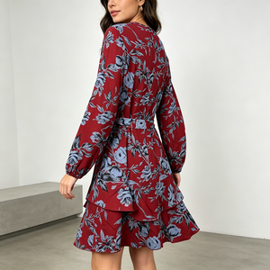 Nuovo Arrivo 2026: Abito Mini da Donna Rosso con Stampa Floreale, Scollo a V, Maniche a Sbuffo, Vita Alta e Cintura - Disponibile all'Ingrosso - Product Image 4