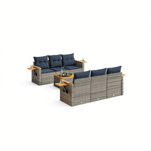 Set di divani da giardino in polyrattan grigio con cuscini, mobili da esterno in 6 pezzi - Product Image 1
