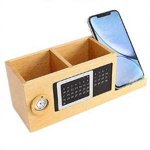 Portalápices de escritorio tipo soporte, caja de almacenamiento multifuncional para mesa, 2 compartimentos, organizador de escritorio de madera creativo, calendario - Product Image 3