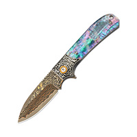 Couteau pliant de poche en acier de Damas, manche en laiton, coquille d'ormeau, pour le camping en plein air, cadeau pour collectionneur