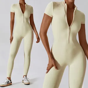 Yoga Jumpsuit One Piece Compressed Women High Stretch Workout Jumpsuit Tights Gym Fit Workout Compression Jumpsuit With Zipper