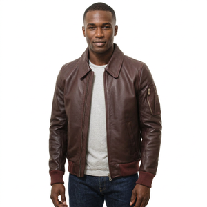 Blouson aviateur en cuir véritable marron pour homme, col rabattable, fermeture éclair, imperméable - Product Image 1