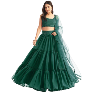Impressionnant vert paillettes Georgette robe de soirée tenue de soirée Lehenga Choli avec Dupatta - Product Image 1