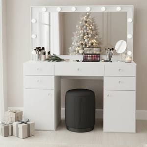 Ensemble de coiffeuse de luxe avec lumières LED blanches, plateau en verre, table de maquillage en bois moderne avec miroir et chaise - Product Image 1