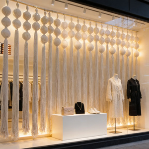 Lampadario Boho Minimalista Intrecciato Oversize Bianco con Sfere in Macramè per Location di Matrimoni di Lusso - Product Image 3