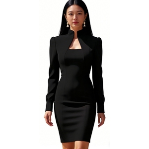 Robe moulante à col montant et découpes pour femme - Robe de soirée mini à manches longues tendance - Product Image 3