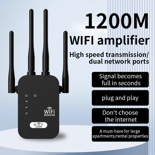 Dual-Band 2.4G & 5G WiFi Signal Amplifier with 4x2dBi Antennas 1200 Mbps Indoor Repeater/Extender 80-120sqm Coverage