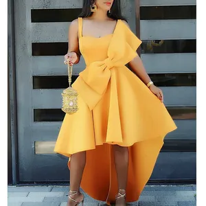 New arrival summer women short front long back irregular high waist zipper large size ruffle yellow evening party dress