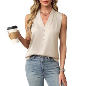 Top elegante sin mangas con cuello en V y botones de satén para mujer Primavera/Verano - Product Image 2