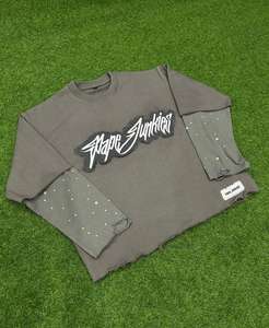 Chemises à manches longues à double empiècement, vente en gros, unisexes, effet vieilli, avec strass, t-shirts double couche de qualité supérieure - Product Image 1