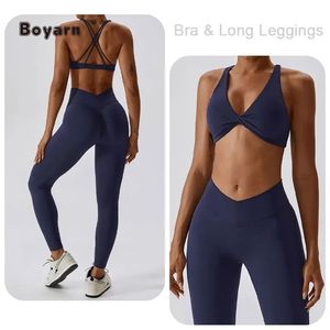 Boyarn Custom Logo 4-Piece Women's Gym Yoga Set Quick-Dry Sexy Cross Back Bra <b>Shorts</b> <b>Pants</b> Breathable Sportswear - Product Image 5