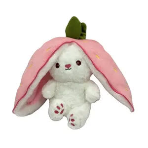 Mainan mewah hewan boneka kelinci Paskah yang lembut bantal stroberi buah yang dapat dibalik bantal Sofa kelinci licin lucu boneka Flip