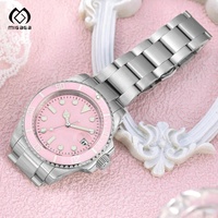 Montre pour femme personnalisée avec cadran rose, 40 mm, émail, mécanique automatique NH35, acier inoxydable, étanche 20 bars, montre de plongée