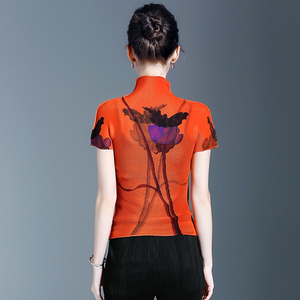 À la mode haute élastique en mousseline de soie plissée hauts femmes demi col roulé trois lits imprimé T-shirts manches courtes coupe ajustée respirant - Product Image 4