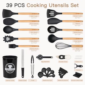 Ensemble d'ustensiles de cuisine Astercook de 39 pièces, en silicone avec manches en bois, résistant à la chaleur, de qualité alimentaire, sans BPA, facile à nettoyer, pour les surfaces antiadhésives - Product Image 2