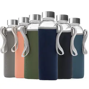 Botol kaca bening 18 oz 1 Liter dapat digunakan kembali, Smoothie, botol air kaca jus dengan tutup anti bocor baja tahan karat