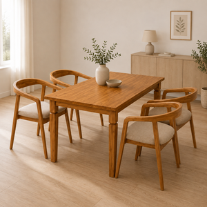 Ensemble de table à manger en bois massif traditionnel avec chaises rembourrées en lin, design moderne pour les salles à manger à domicile et dans les hôtels - Product Image 1
