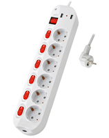 Multiprise allemande, 6 prises avec 2 USB et indicateur LED, protection enfant et interrupteur individuel