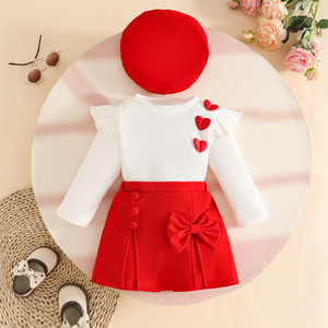 Ensemble bébé <span class=keywords><strong>fille</strong></span> 0-3 <span class=keywords><strong>ans</strong></span>, style européen et américain, en coton imprimé respirant, avec manteau à manches longues, <span class=keywords><strong>jupe</strong></span> fendue à nœud et béret. - Product Image 2