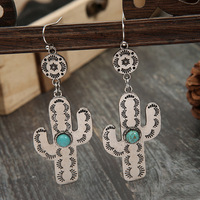 Boucles d'oreilles pendantes ethniques de style bohème occidental avec motif gravé plat, cactus et turquoise, pour femme, cadeau