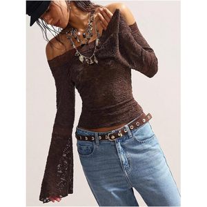 Women's Boho <b>Gothic</b> Lace Off The Shoulder Top Bell Sleeve Sheer Fitted Crop Blouse Everyday Wear - Product Image 3