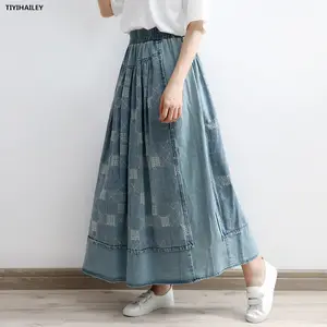 2023 Long Maxi A-line Skirt Women Elastic Waist Spring Autumn Denim Jeans Vintage Skirt With Pockets Women Skirts
