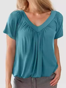 Camiseta informal lavada transpirable de verano para mujer con cuello en V profundo mangas cortas sueltas de secado rápido - Product Image 3