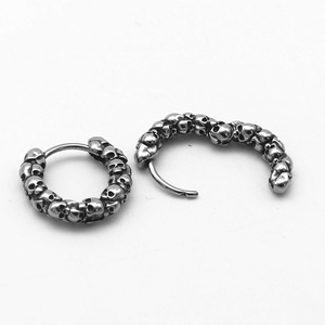 316L Stainless Steel Hoop Earrings <b>Huggie</b> Hoop Earrings Skull Bead Ring <b>Silver</b> Tone Gothic Streetwear Style for Men - Product Image 3