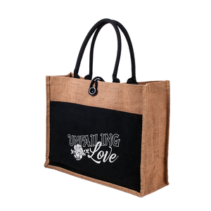 Custom Logo <b>Jute</b> Tote <b>Bag</b> With Fabric Panel Snap Button Wholesale Two Tone Burlap <b>Shopping</b> <b>Bag</b> OEM Manufacturer - Product Image 1