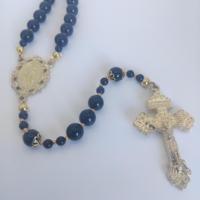 Chapelet vintage catholique en onyx noir perlé avec médaille miraculeuse dorée et crucifix, bijoux de foi chrétienne