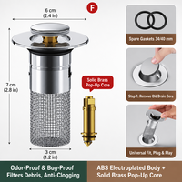 Crépine de vidange escamotable pour lavabo en acier inoxydable 304 avec panier filtrant et noyau en laiton, anti-odeur, attrape-cheveux, universelle, chromée