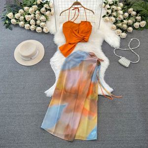 Conjunto Casual de Verano de 2 Piezas para Mujer, Top Corto Tipo Halter, Falda Estampada de Cintura Alta, Antiarrugas, Poliéster/Algodón, para Vacaciones - Product Image 1
