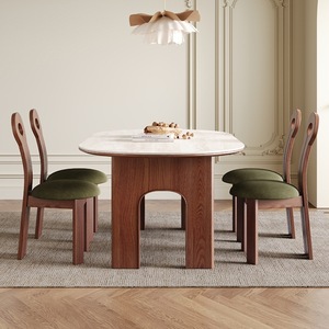 Solid Wood Oval Dining <b>Table</b> Travertine Slab <b>Walnut</b> Ash Wood Home Dining Room Furniture Stable Box Frame Structure - Product Image 5