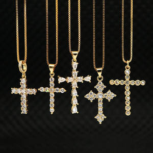 NS1082 Bijoux de haute qualité en diamant pour la religion chrétienne Chaîne en acier inoxydable plaqué or CZ Micro Pave Cross Pendant Necklace - Product Image 1