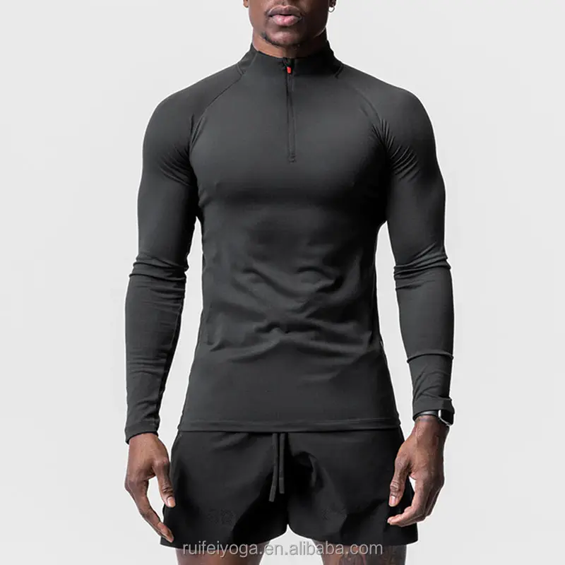 Custom Men Quick Dry Gym Fitness t-shirt a maniche lunghe aderente leggera Active Training Top mezza Zip maniche lunghe camicie sportive