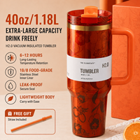 Nouveau Cadeau : Tasse Isotherme Originale 1:1 en Acier Inoxydable, Grande Bouteille Isotherme à Motif Floral de 40oz avec Paille et Poignée