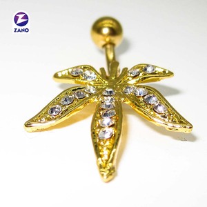 Anneau de piercing pour nombril d'enfant en acier inoxydable de qualité médicale, zircon cristallin, sans nickel, plaqué or, feuilles d'érable - Product Image 2
