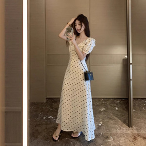 French Style Ruffled Waist <b>Dress</b> With Flutter Sleeves Tie Neck Polka Dot Maxi <b>Dress</b> <b>Elastic</b> Waist Breathable Holiday - Product Image 4