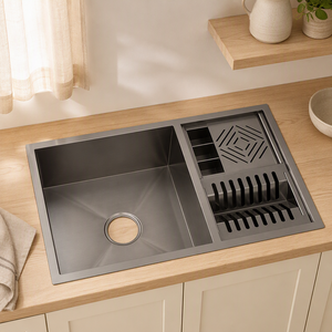 Lavello da <span class=keywords><strong>Cucina</strong></span> Artigianale in Acciaio Inossidabile 304 con Scolapiatti Integrato a Scomparsa per Piano di Lavoro - Product Image 1