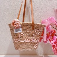 Sac de plage en paille personnalisable avec nom brodé, sac à main en rotin, style frais et doux, sac fourre-tout orchidée rose en polyester