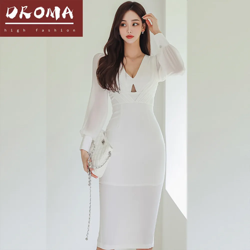 Droma Miễn Phí Mẫu Phụ Nữ Dresses v-Cổ Sexy Trắng Vải Tuyn Dài Tay Áo Hollow Bọc Hip Giảm Béo Ăn Mặc Dành Cho Phụ Nữ