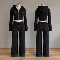 Ensemble sweat à capuche zippé OEM pour femme, imprimé étoiles en strass, coupe courte, pantalon évasé taille haute style kangourou, noir jais, streetwear Y2K, logo personnalisé