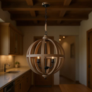 Lustre sphérique en bois à 4 lumières, luminaire suspendu à chaîne réglable pour cuisine, salle à manger, hall d'entrée, forme ronde marron - Product Image 2