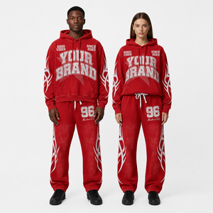Ensemble survêtement personnalisé en coton 100% avec broderie rouge, sweat à capuche et pantalon de jogging en molleton oversize pour hommes et femmes, streetwear, OEM - Product Image 1