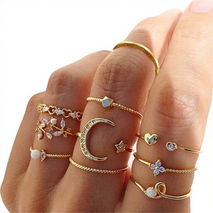Anillo de Zirconia al por Mayor con Diseño de Luna Creciente <span class=keywords><strong>y</strong></span> Estrella, Hoja de Corazón, Geométrico, de Aleación Galvanizada, Juego de 10 Anillos, Creativo, Vintage - Product Image 2