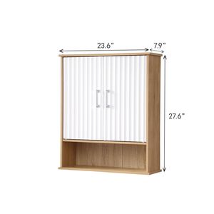 <b>Adjustable</b> White Natural Wood Bathroom Wall Cabinet with Double Door & Bottom <b>Shelf</b> Wavy Patterned Doors Easy Installation - Product Image 2