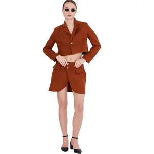 Brown Color Stamp Fabric Button Detailed Skirt And Jacket Suit Brown Color Stamp Fabric Button Detailed Skirt And Jacket Suit