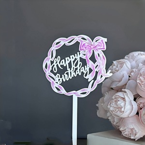 ท็อปเปอร์เค้กอะคริลิค ลายโบว์ สุขสันต์วันเกิด ตกแต่งเค้กสำหรับงานปาร์ตี้ - Product Image 1