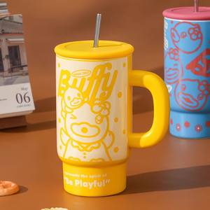 Mug en céramique Buffy avec paille, design de dessin animé jaune, tasse isotherme pour boissons chaudes et froides, coffret cadeau, tasse individuelle - Product Image 1