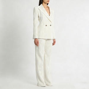 Ensemble <span class=keywords><strong>tailleur</strong></span> élégant 2 pièces pour <span class=keywords><strong>femme</strong></span>, rayé ivoire, blazer croisé en mélange de lin et <span class=keywords><strong>pantalon</strong></span> large, idéal pour le bureau - Product Image 1